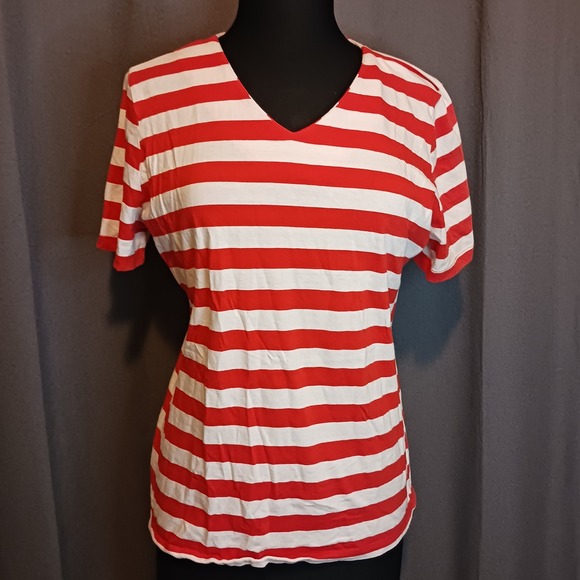 Coral Bay Womens Orange/Red and White Striped V Neck Short Sleeve Casual Top - Picture 1 of 5